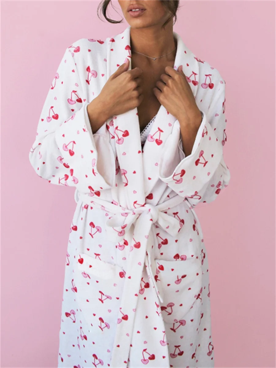 Robe Women Cotton Floral Long Sleeve Nightwear Shower Bathrobe Kimono Cute Sweet Cherry Print Sleepwear Pajamas Gowns Robes