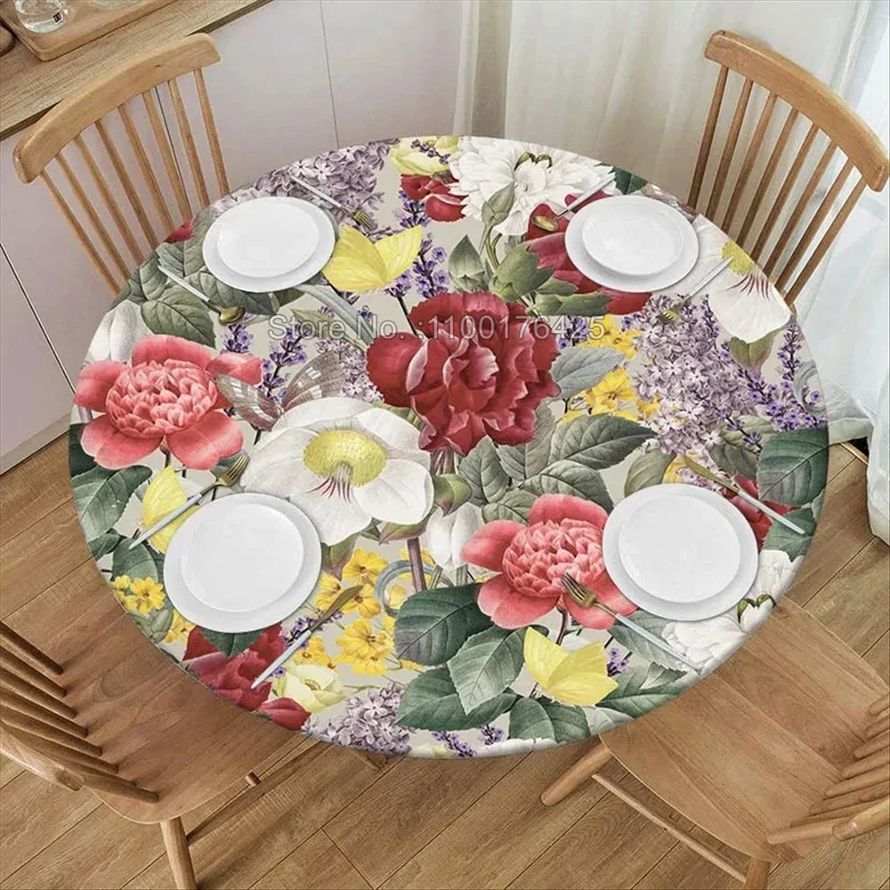 Flower Birds Round Tablecloth Waterproof Elastic Dining Table Decoration Accessories Boho Style Home Kitchen Dining Room Decor