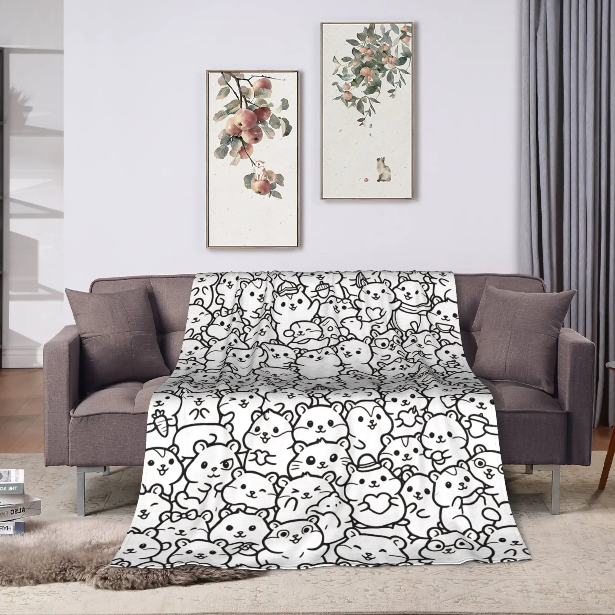 Warm Comfy Throw Blanket Travel Car Cute Hamster Doodle Collection Line Drawing Graphic Blanket  Flannel Bedspread Bed Cover