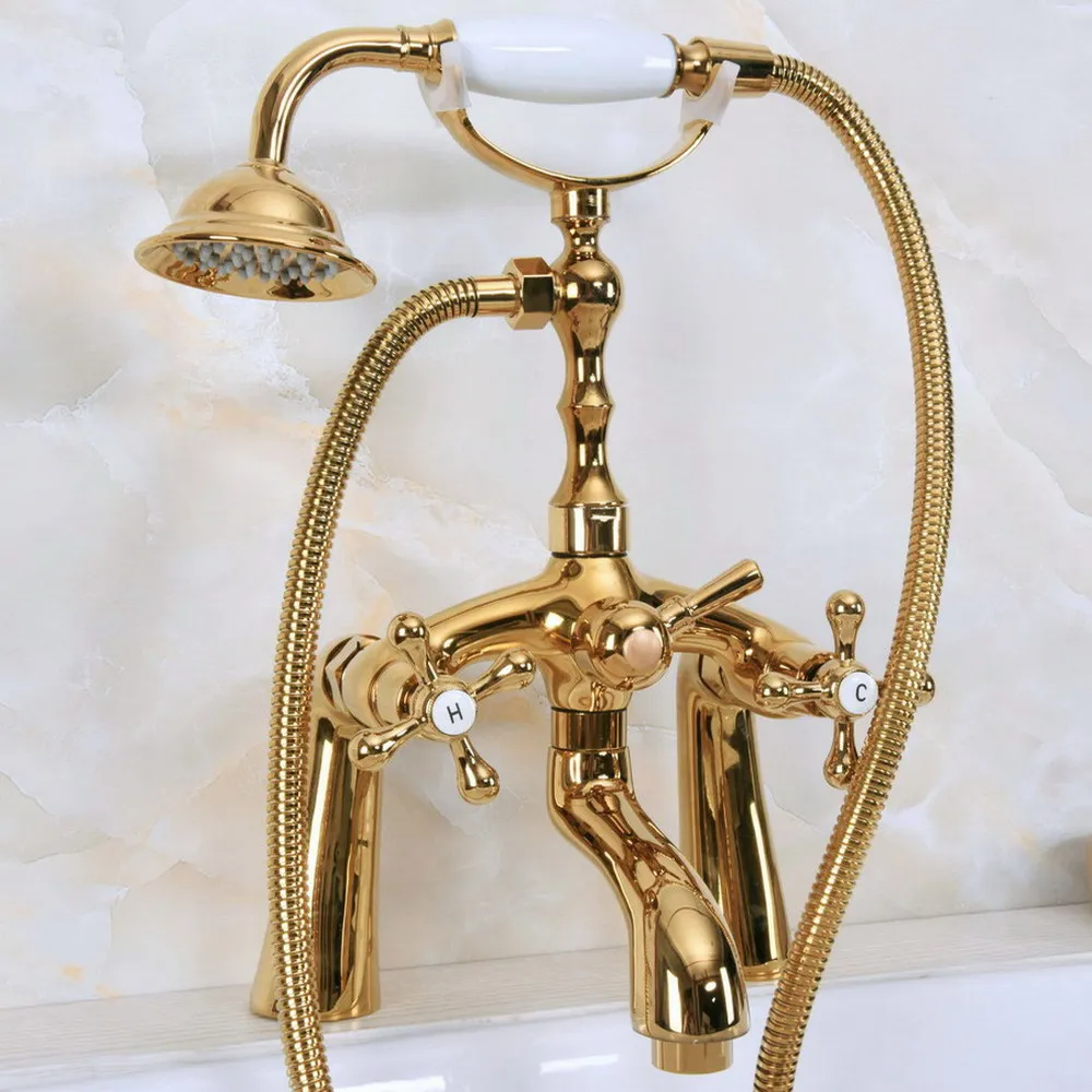 

Polished Golden Brass Deck Mount Bathtub Faucet Set Dual Handle with Hand Shower Swivel Tub Spout Bna146