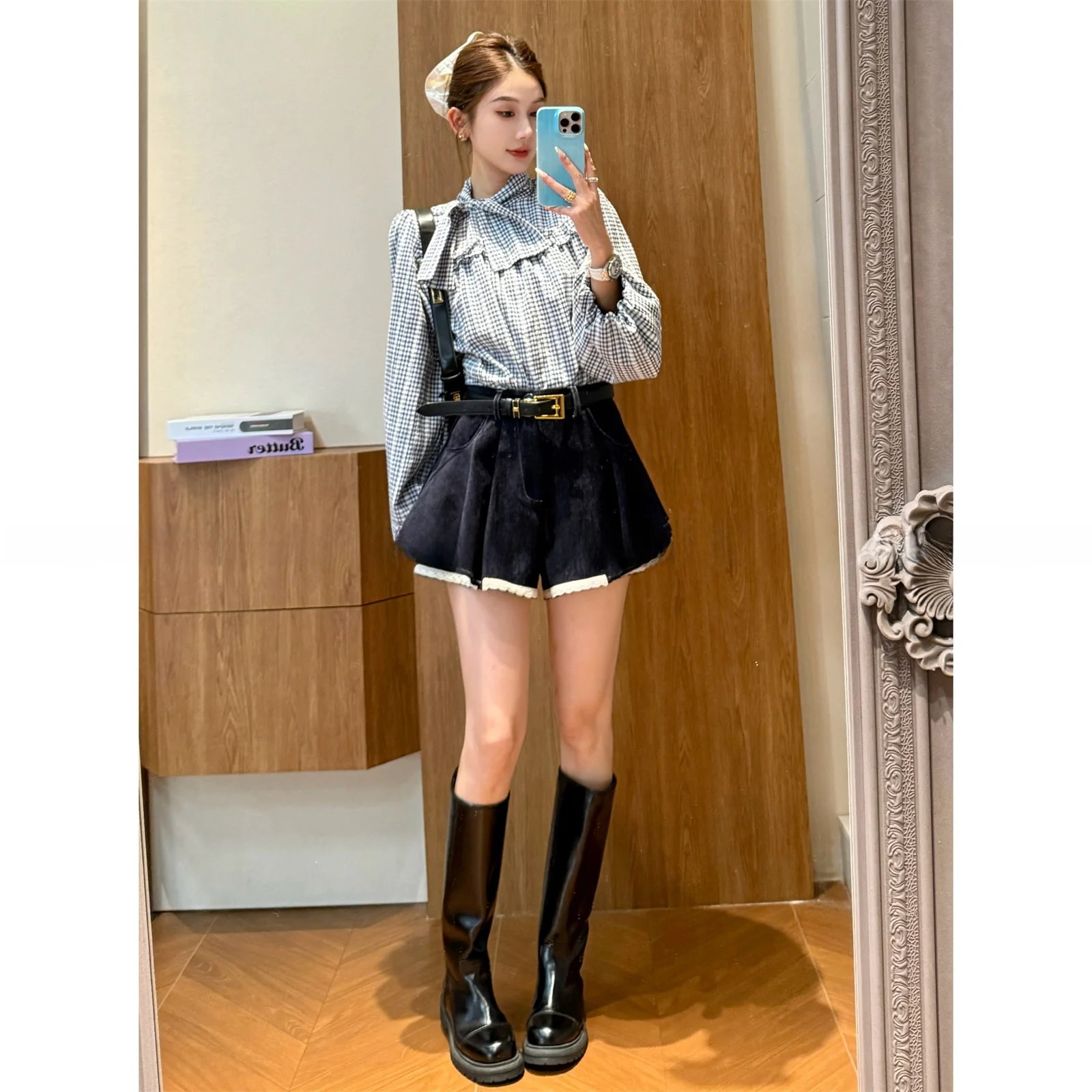 

Ele Blue White Plaid irt с завязками на поясе Long Sve Ранняя осень Новый женский топ из смеси хлопка и полиэстера