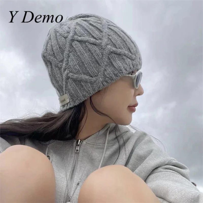 Autumn Casual Solid Color Knitted Hat  Warm Yarn Ear Protection Women Skullies Trendy