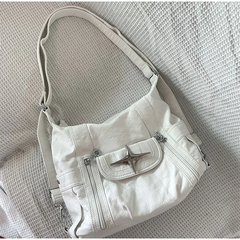 Luxury Shoulder Bags For Women White Classic Soft Leather Ladies Tote Shopping Bags Metal Design Zipper Open Females Messenger