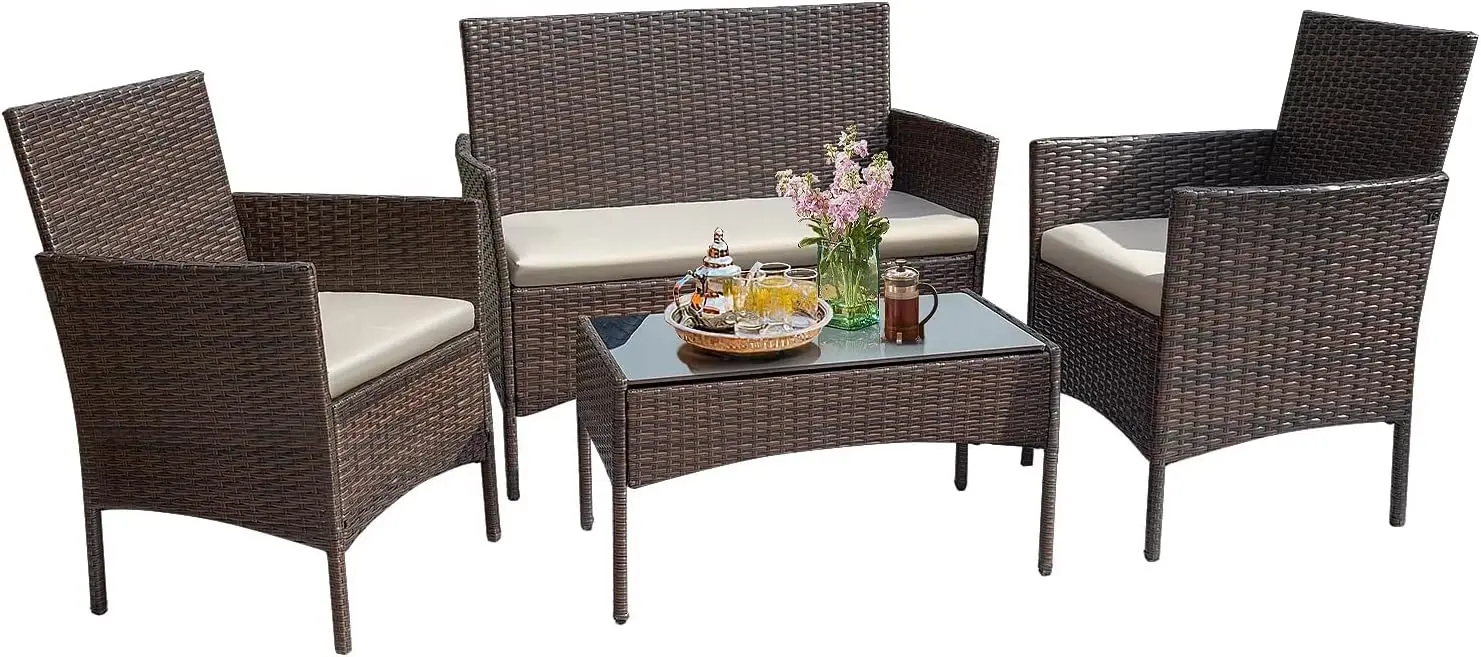 

Outdoor Furniture Patio Set Cushioned PE Wicker Rattan Chairs w/Coffee Table 4pc for Garden Poolside Porch Backyard Lawn Balcony