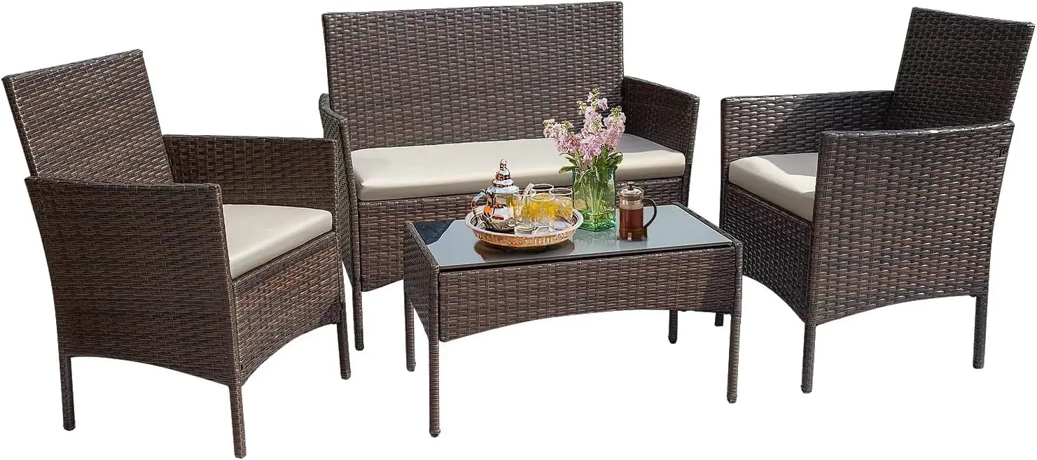 Outdoor Furniture Patio Set Cushioned PE Wicker Rattan Chairs w/Coffee Table 4pc for Garden Poolside Porch Backyard Lawn Balcony