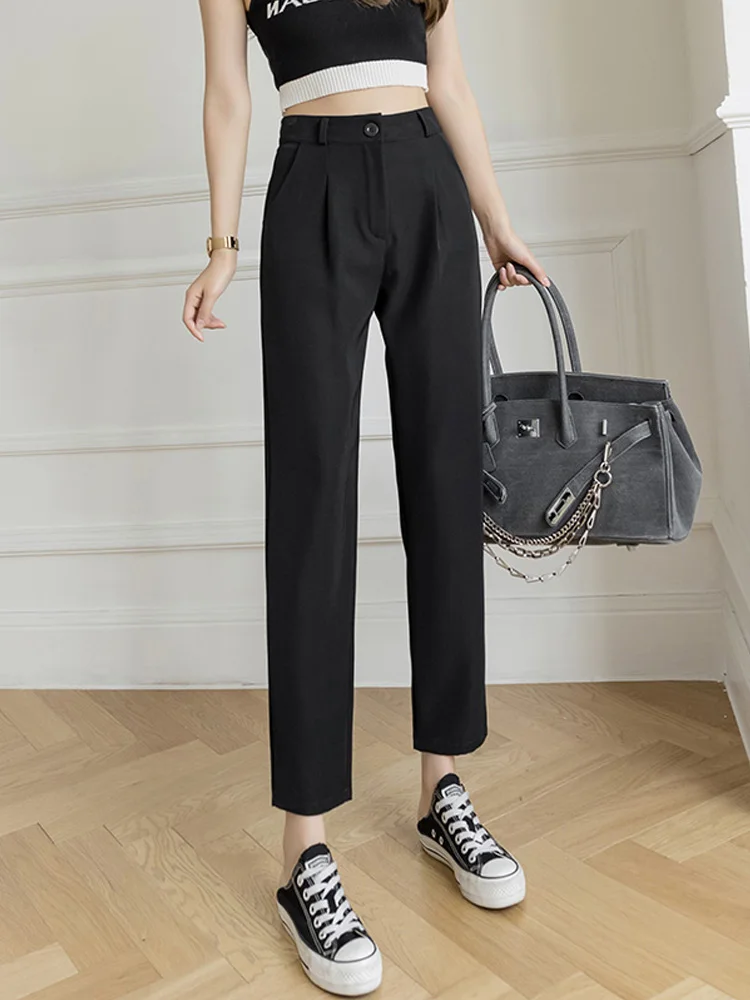 Damskie spodnie garniturowe z wysokim stanem, zwiewne, codzienne, wiosna-lato 2024, nowe, uniwersalne, wyszczuplające, o długości 7/8, proste, modne.