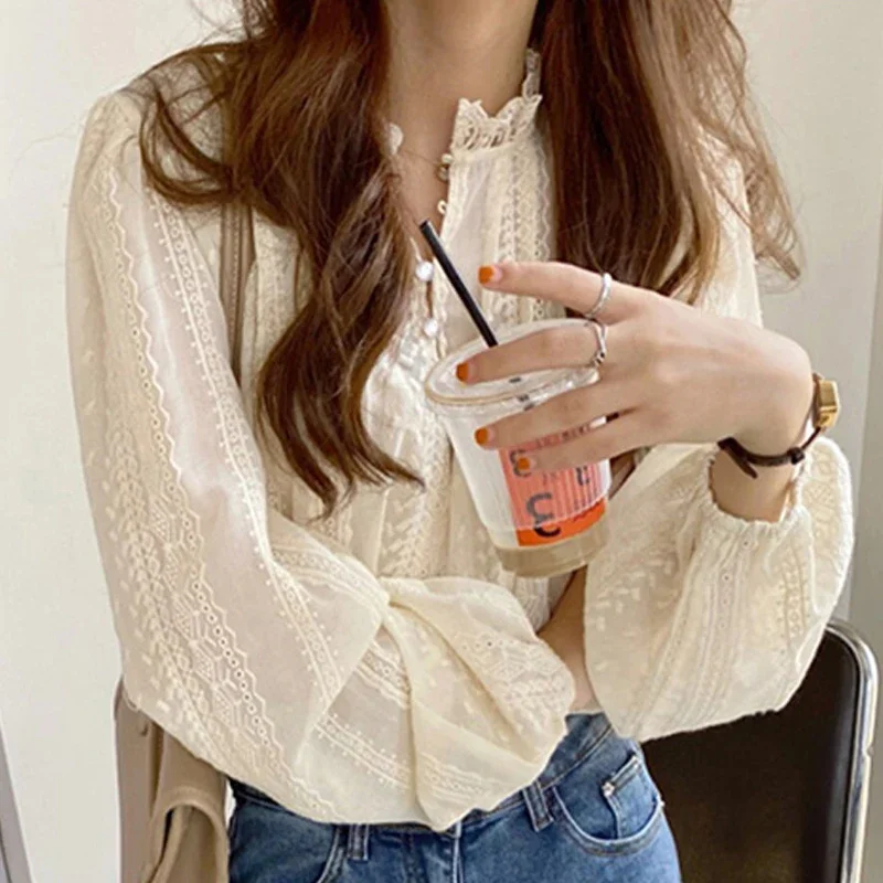 2024 Spring O-neck Elegant Blouse Puff Sleeve Sweet Women\'s Shirt Fashion New Lace Long Sleeve Tops