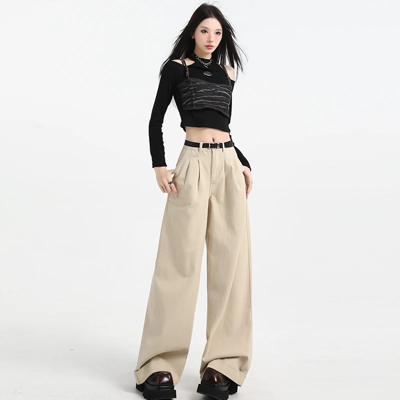 

Высокие женские осенне-зимние широкие джинсы с высокой талией в бежевых повседневных джинсовых брюках с высокой посадкой для девочек-подростков без бренда