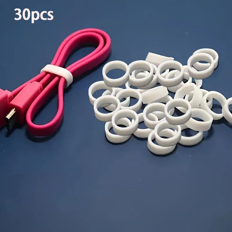 30 White Silicone Cable Ties, High Elastic Rubber Straps for Wire & Data Cable Organizing, Home Office School Cable Management