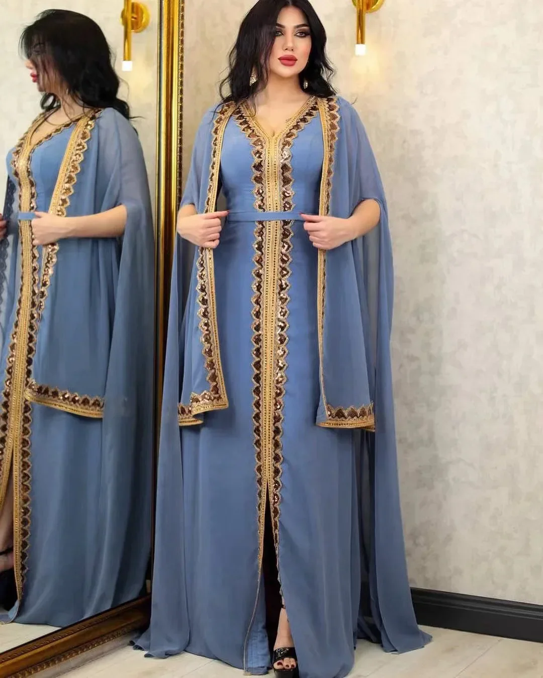 Abaya-Robe de soirée en mousseline de soie à paillettes pour femmes musulmanes, caftan de Dubaï, ensemble de 2 pièces, Eid Kaftan Everak, Jalabiya, Ramadan