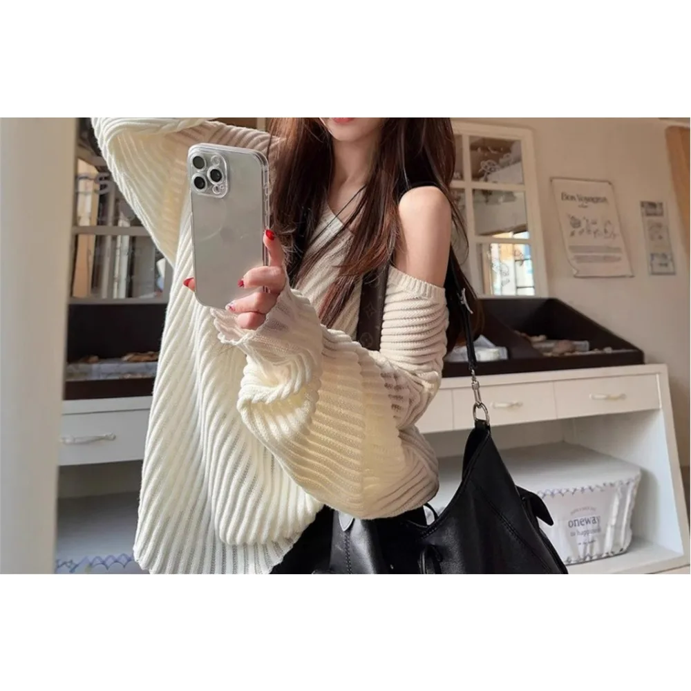 

Hollow Slanted Shoulder Long-sleeved Knitted Sweater Women's Clothing 2026 Spring Loose Casual and Thin Off-the-shoulder Top