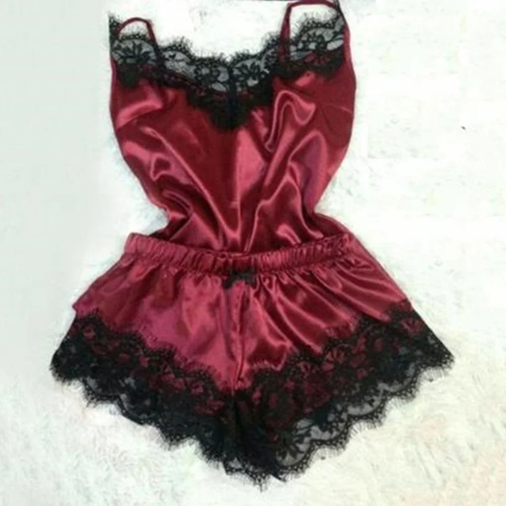 Mode Vrouwen Pyjama Pak V-Hals Stretch Satijn Babydoll Kant Sexy Lingerie Strik Pyjama Slaap Short Set Nachtkleding