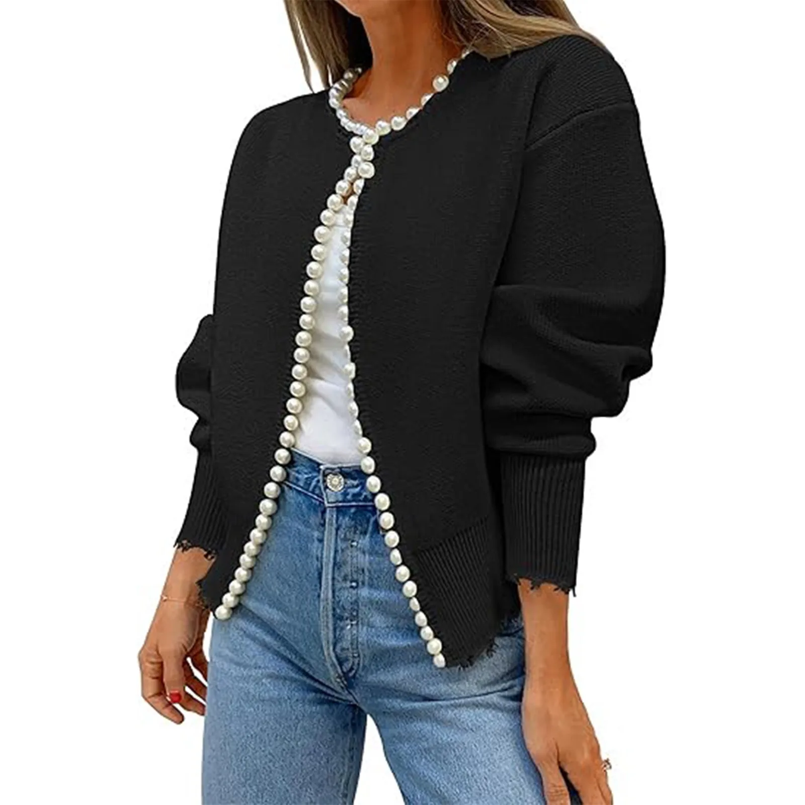 Women's Open Front Cardigan Sweater Casual Knitted Long Sleeve Pearls Trim Outerwear Coat Trendy Sweater Fall Winter Clothes