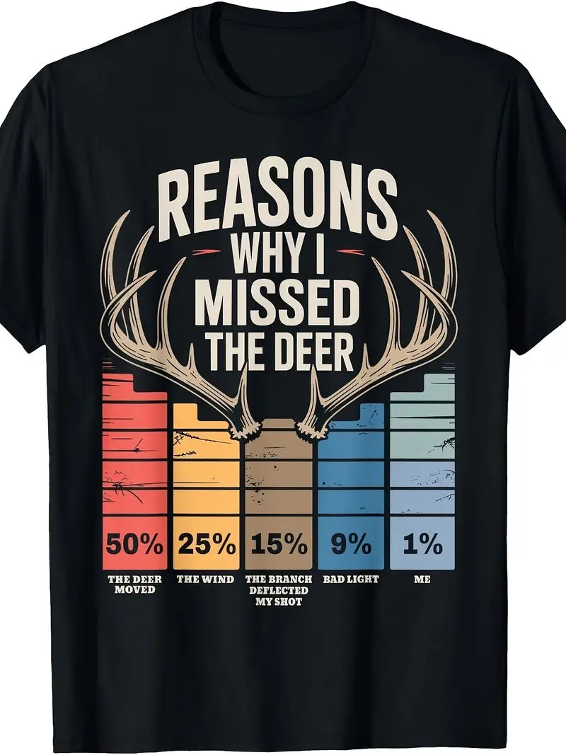 Funny Hunter Reasons Why I Missed The Deer Hunting T-Shirt Retro Casual Crew Neck Printed Tee Perfect For Outdoor Wear And Gift
