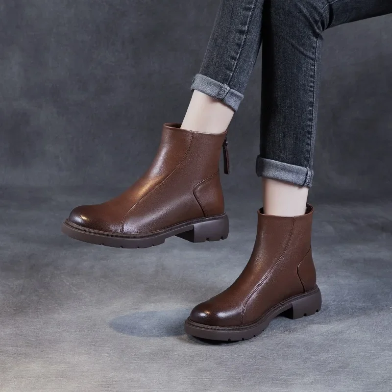 Top Layer Cowhide Chelsea Boots for Women's Autumn and Winter 2025 New Plush Genuine Leather Skinny Short Boots Female Zapatos