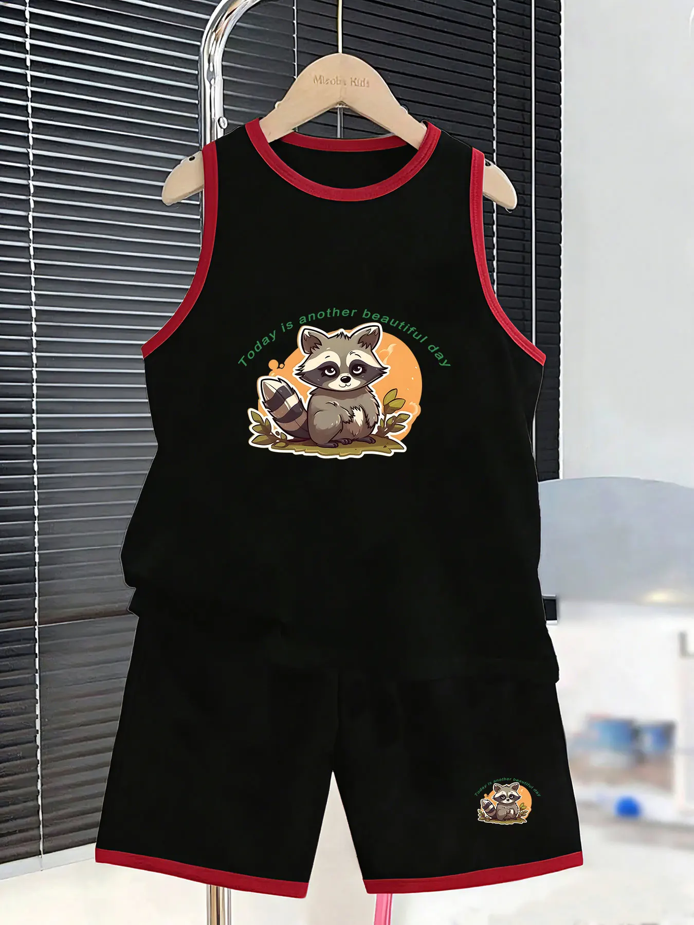 Boys' Healing Raccoon-Themed Tank Top and Shorts Set, creating a cute and adorable summer outfit. Made with skin-friendly and br