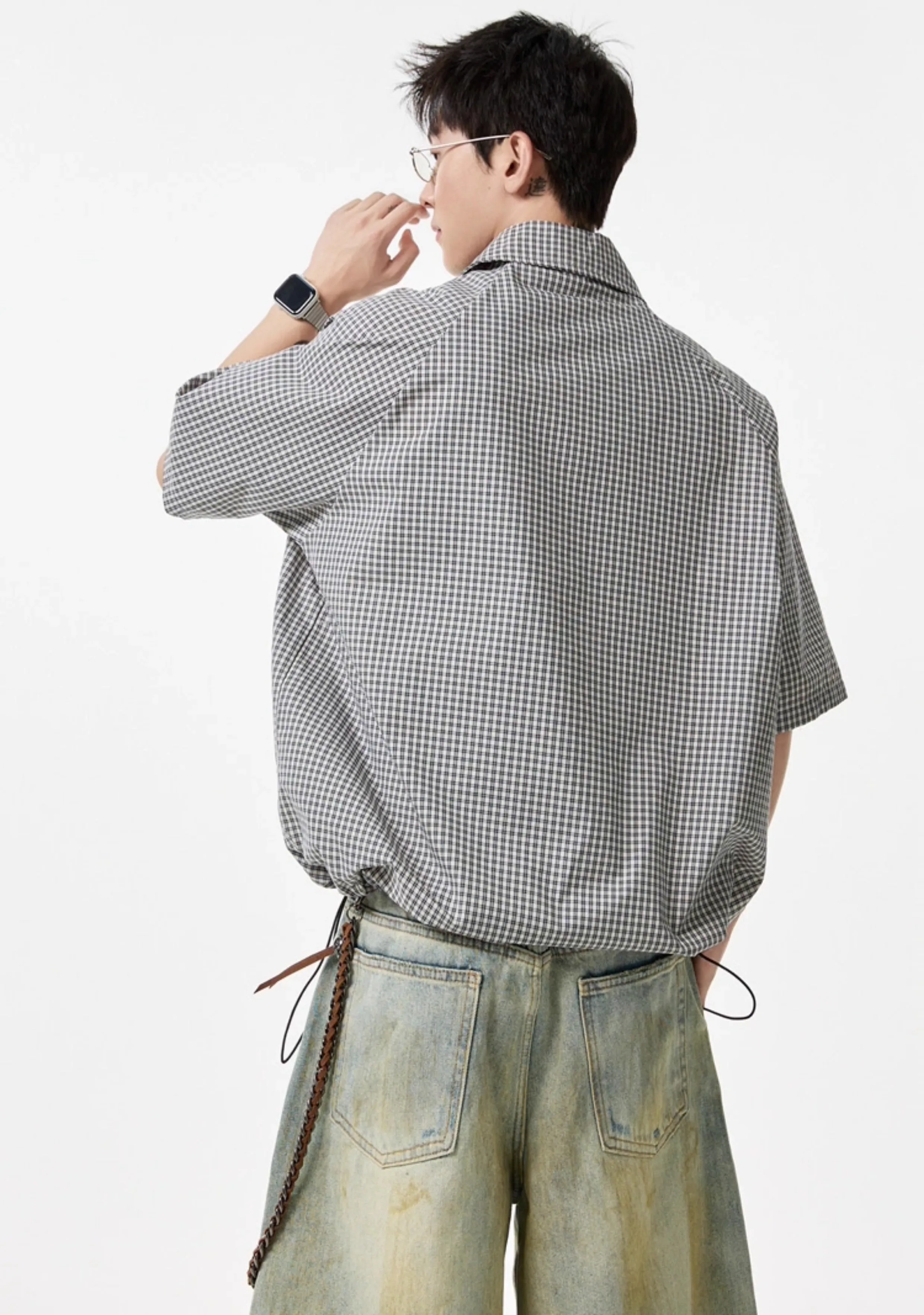 2025 Summer Japanese Retro Style Plaid Short Sleeve Men's Black Navy Blue Shirt Loose Draped Trendy White Blue Shirt