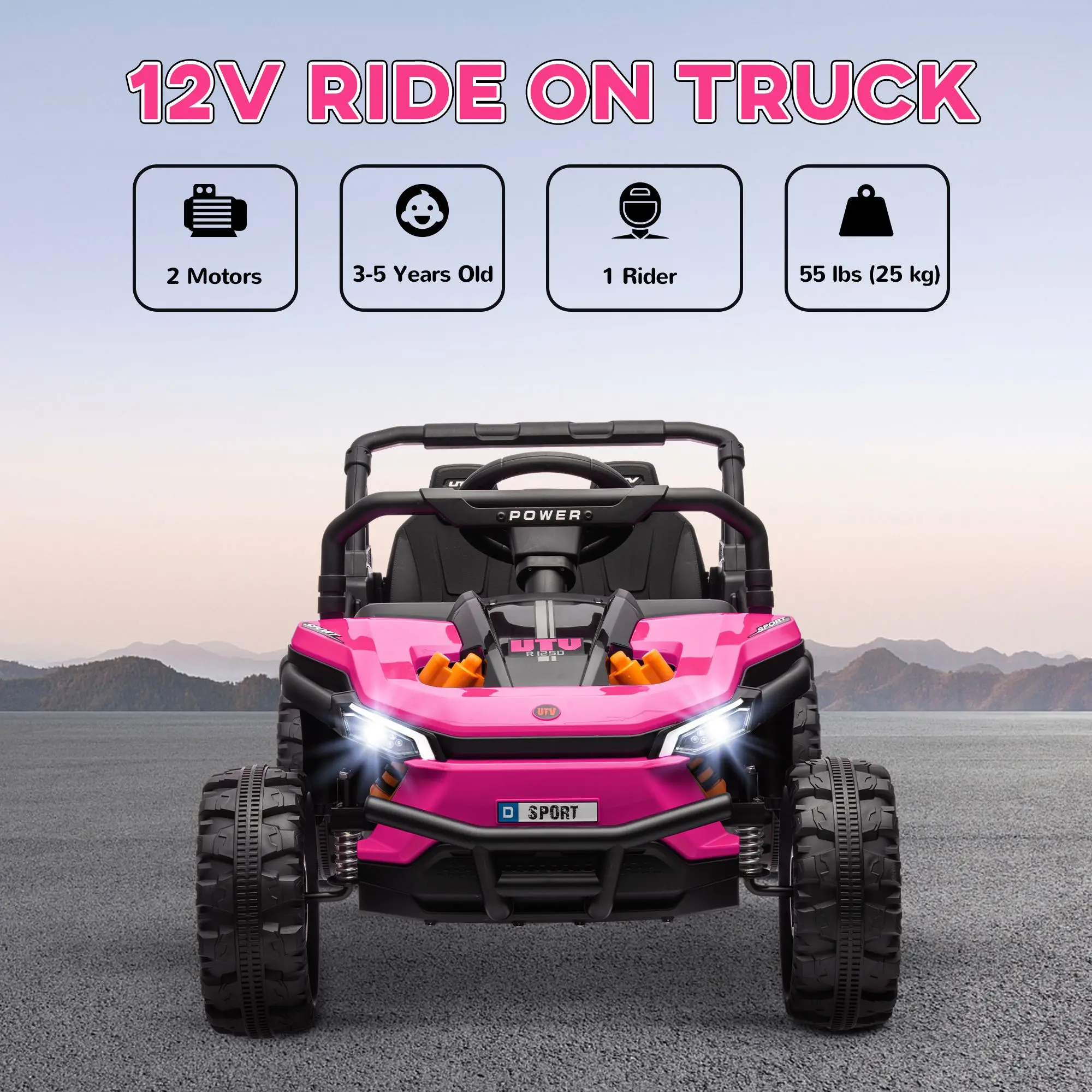 12V Kids UTV, Battery Powered Ride on Truck, 3.7 MPH Off-Road Electric Car with Remote Control, 4-Wheel Suspension, LED Headligh