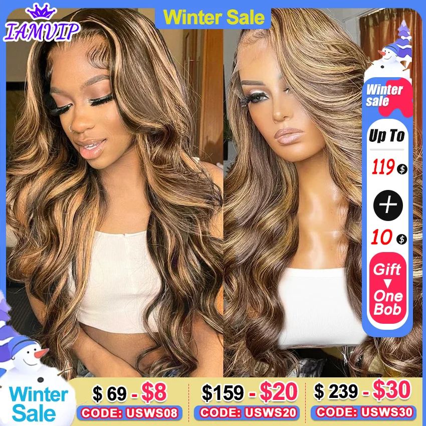 13x4 13x6 Hd Highlight Body Wave Lace Front Wig For Women Remy P4/27 Ombre Human Hair Lace Frontal Human Hair Wigs Choice Glue