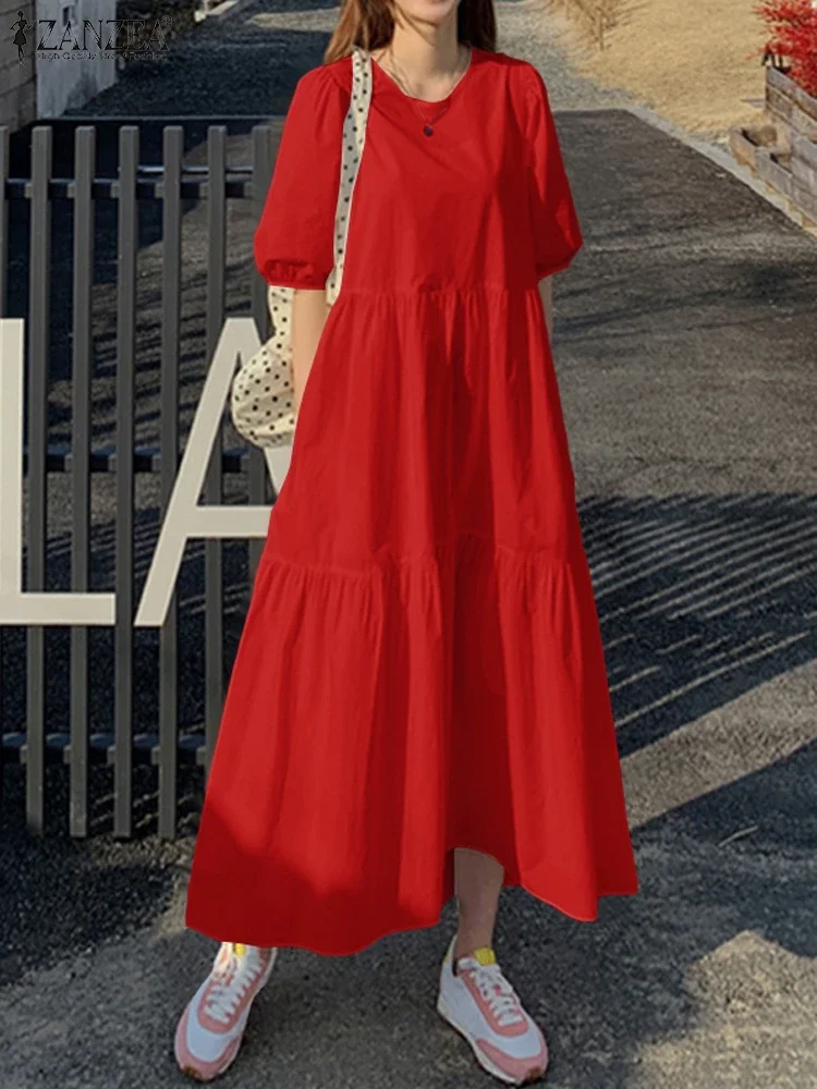ZANZEA ฤดูร้อนชุด 2025 ผู้หญิงพัฟแขน Holiday Sundress Maxi ยาวชุดสไตล์ A Line Party ทํางาน Vestidos