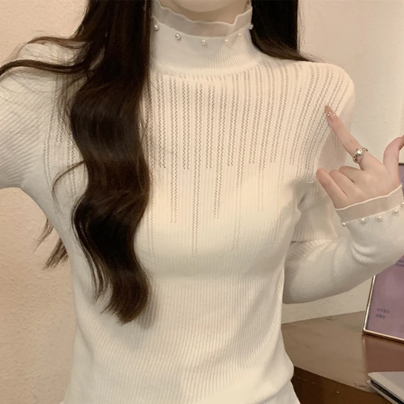 Thin Half High Collar Bottoming Knitshirts Women Hollow Out Beading Long Sleeve Tops Slim Ladies Pullover Sweater