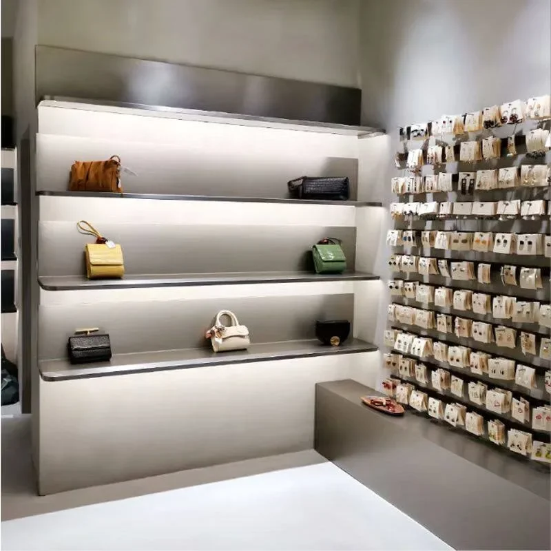 Modular Stainless Steel Display Shelf,Brushed Wall Rack for Boutique,Clothing Store Shoe Bag Organizer,Versatile Apparel Fixture