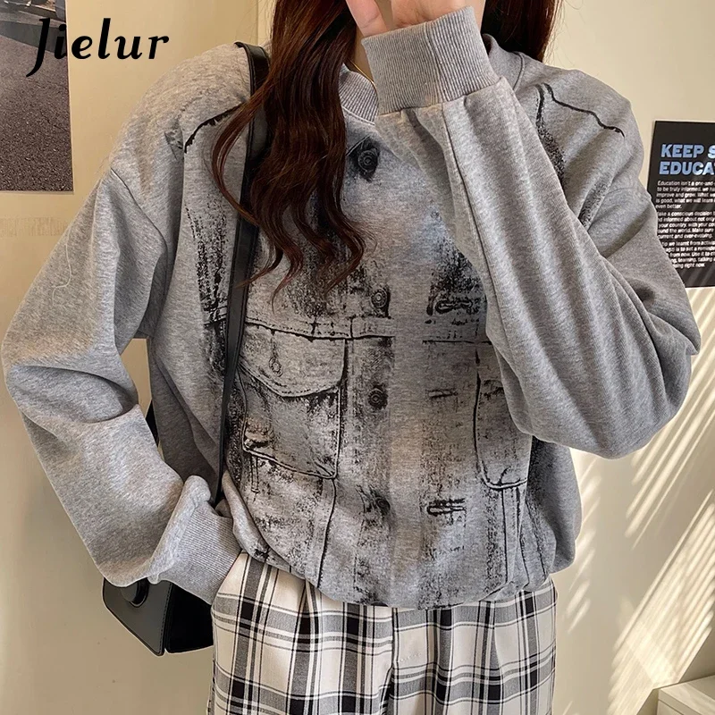 Jielur Herfst Cool Print Vrouwen Hoodies Koreaanse Top Vrouwelijke Trui Mode Streetwear Losse Romige Grijze Witte Korte Sweatshirt