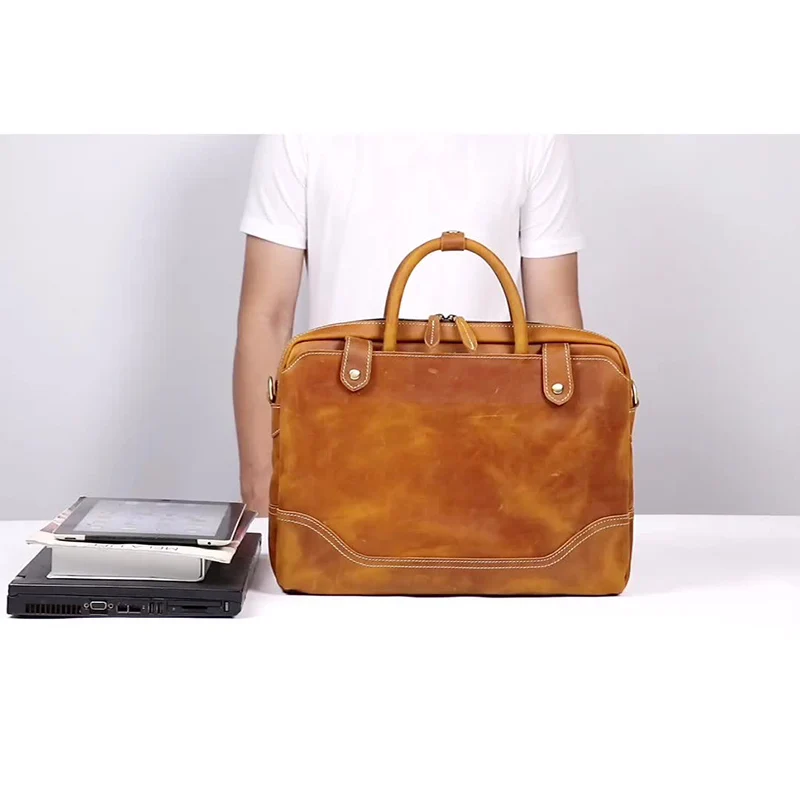 ‌ حقيبة كمبيوتر محمول من الجلد الطبيعي مقاس 14 بوصة للرجال - حقيبة كروس/كتف/حقيبة، حقيبة مكتب عمل واسعة