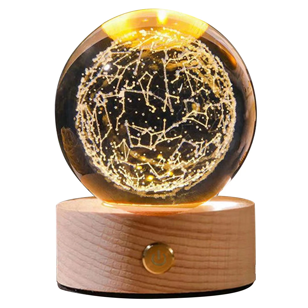 3D Astronomy Space Night Lamp with Wooden Base Engraved Crystal Ball Light USB Rechargeable 350mAh Birthday Gifts for Boys Girls