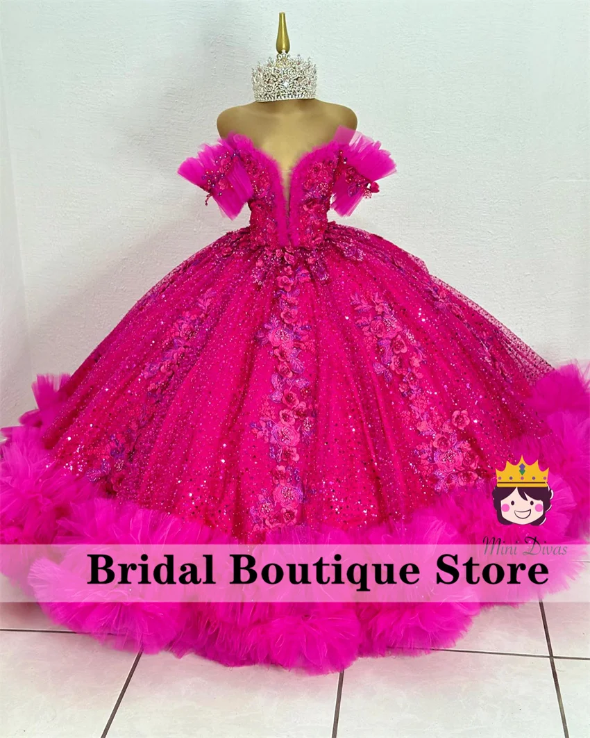 

Cute Fuchsia Flower Girls Dress 2024 Puffy Tiered Ruffle Bead Crystals Flowers Pearls Ball Gowns Child Birthday Dress Customized