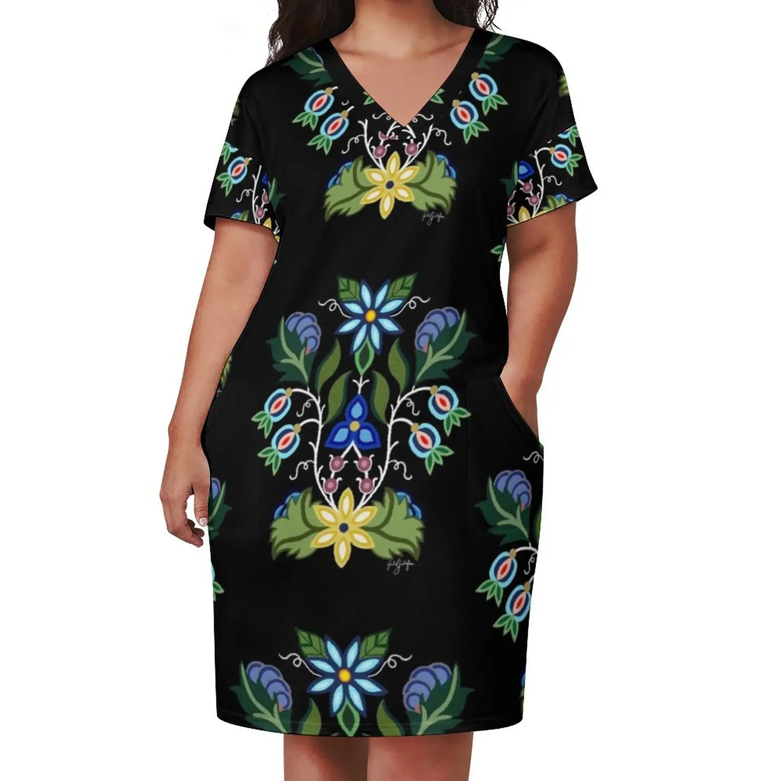 Ojibwe 꽃 무늬 루즈 포켓 드레스 여성 이브닝 드레스 여성 의류 2025 새로운 도착