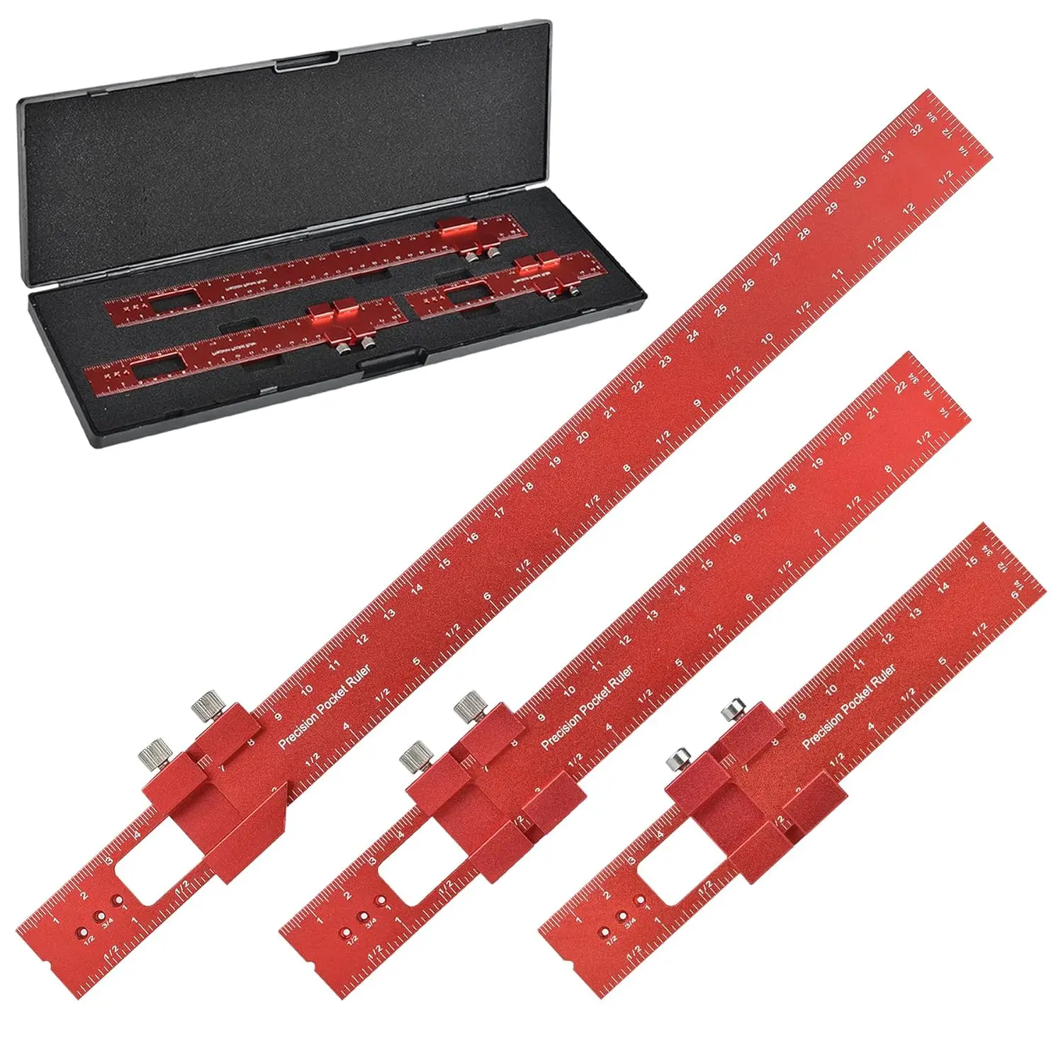 

Precision Pocket Woodworking Ruler with Slide Stops - 6,8,12 Inch Metal Measuring Tool for Carpenters and DIY Projects