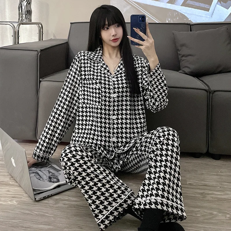 Women's Spring and Autumn Long-sleeved Ice Silk New Smooth and Soft Pajamas  Women's Foreign Trade Wholesale Thin Loungewear Set