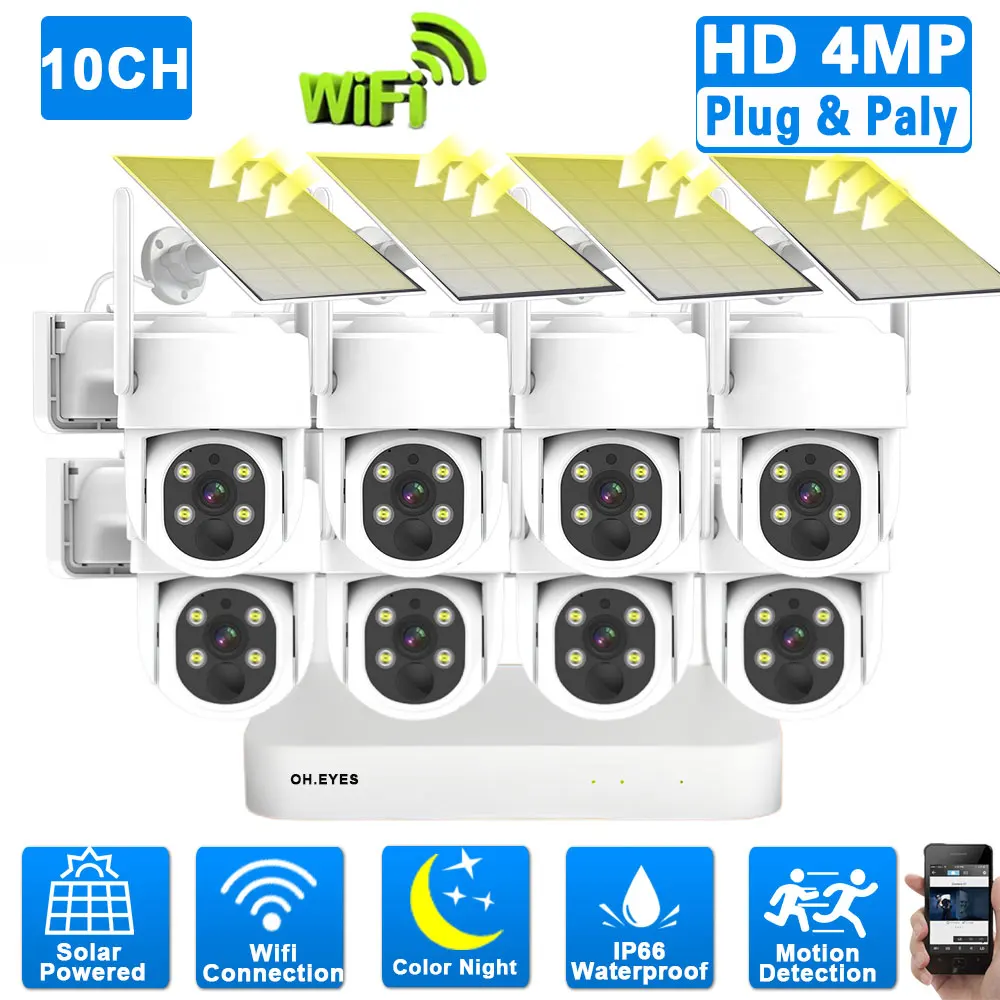 

Wifi PTZ CCTV Camera System Kit 8CH 4MP Outdoor Solar Powered Wireless CCTV Camera Video Surveillance Kit 5MP 10CH NVR System