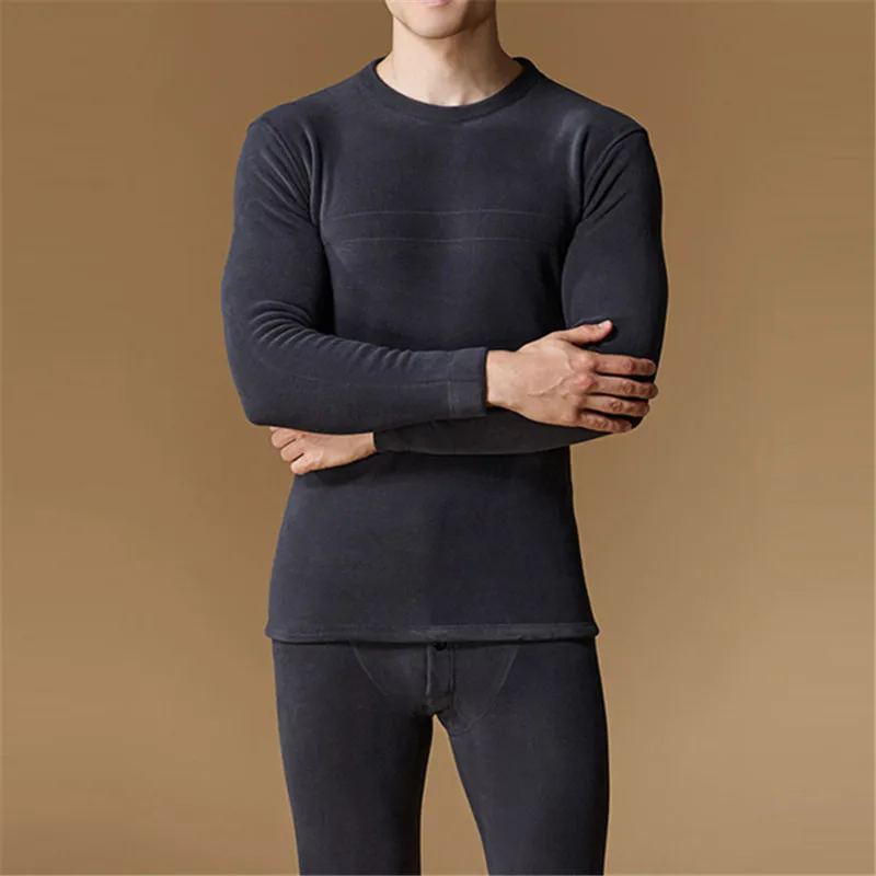Winter Fleece Thermal Underwear Long Johns Men Solid O-Neck Thick Warm Underwear Sets Male High Quality Long Johns Tops + Pants