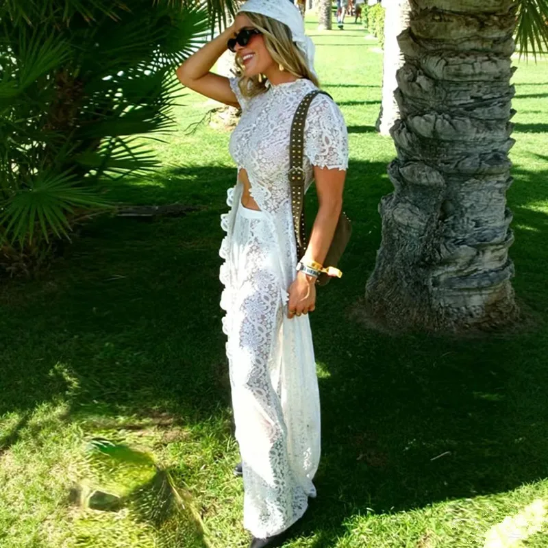 2026 Spring Summer Elegant Women Lace Long Coats Pant Set Solid See Through Tops Long Straight Pants Sets Lady Suits