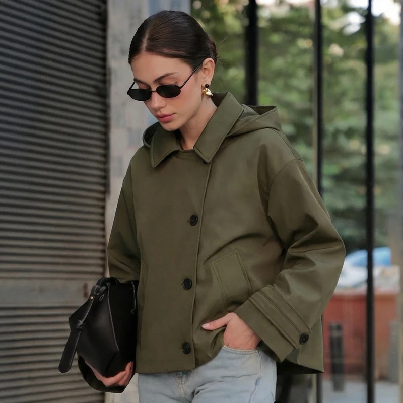 Women's Jacket Green Hooded Long Sleeve Women's Windbreaker 2025 Autumn New In Coats & Jackets For Women Trench Coats Streetwear