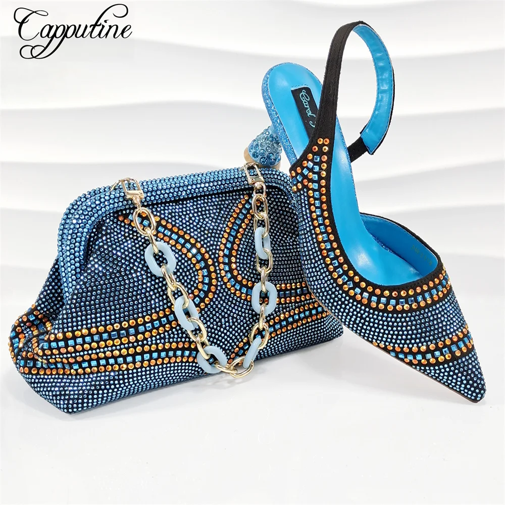 Blue Women Shoes And Bag Set Luxury African Ladies Stones Pumps Match With Handbag Sandals Escarpins Femme For Party JMF2312