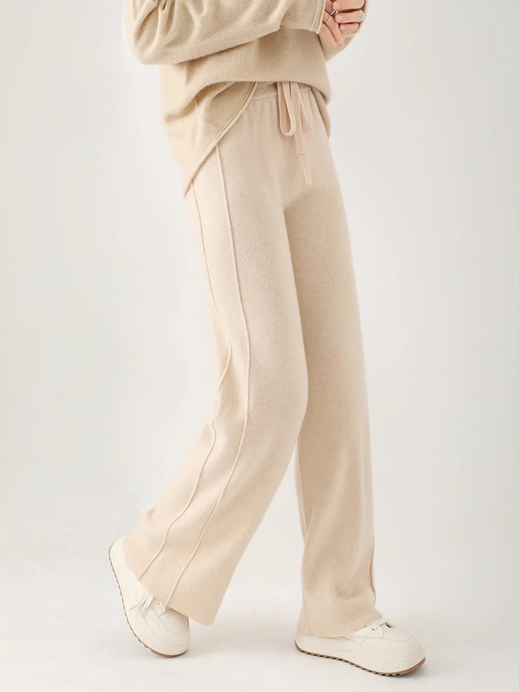 2024 Fashion Autumn Winter Thickened Wide Leg Pants For Women 100% Merino Wool Warm Soft Cosy Cashmere Knitwear Double Side