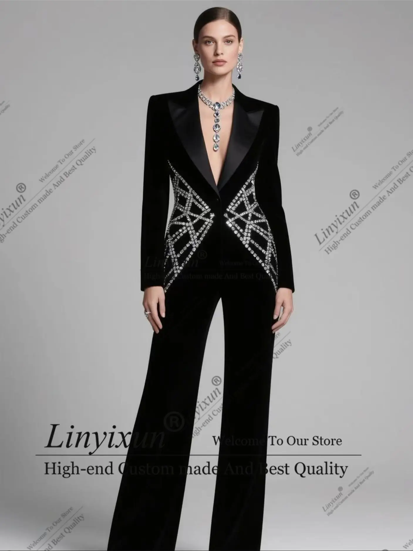 Fashion Diamond Suit Set Customized Shiny Breasted Women Pants Suits Banquet Party Tuxedo пиджак женский Slim
