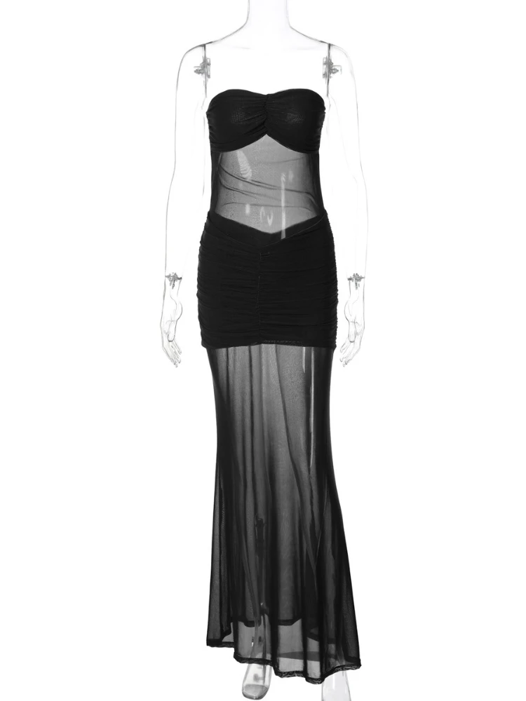 FDYOUI 女性服メッシュロングマキシドレスレディースセクシーなストラップレス背中の開いたボディコンシースルーイブニングドレスパーティークラブウェア