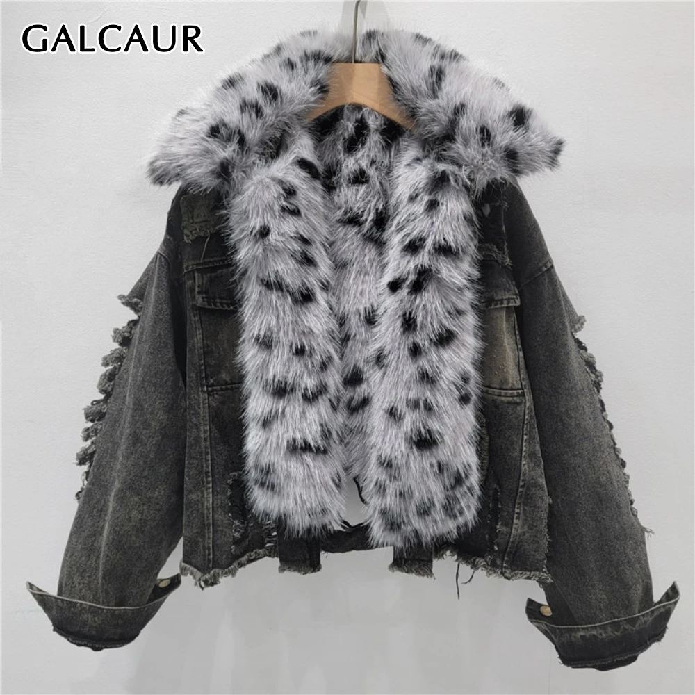 

GALCAUR Solid Spliced Fur Chic Jacket Female Lapel Long Sleeve Loose Vintage Wasteland Women's Jackets Autumn Fashion Style New