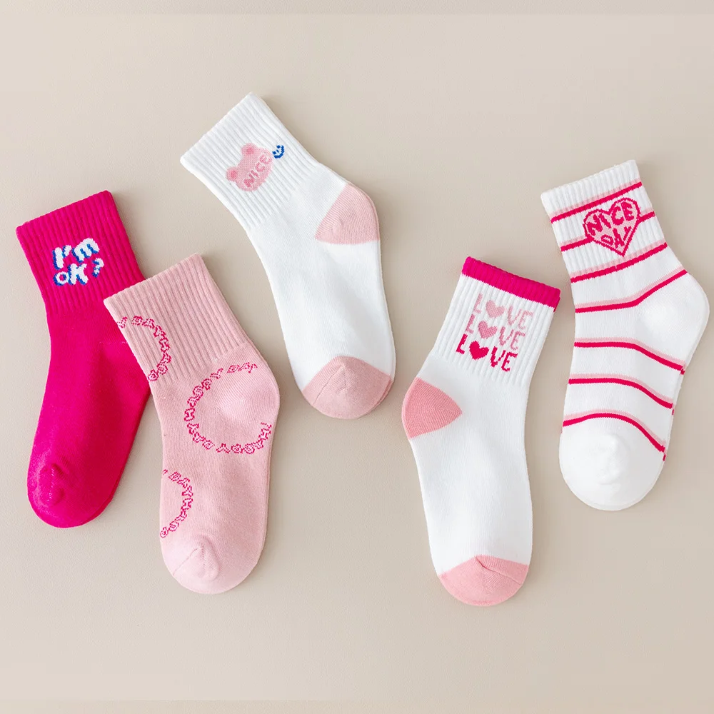 여아용 봄 여름 아동 양말 5켤레, 핑크 하트 스트라이프 귀여운 캐주얼 양말