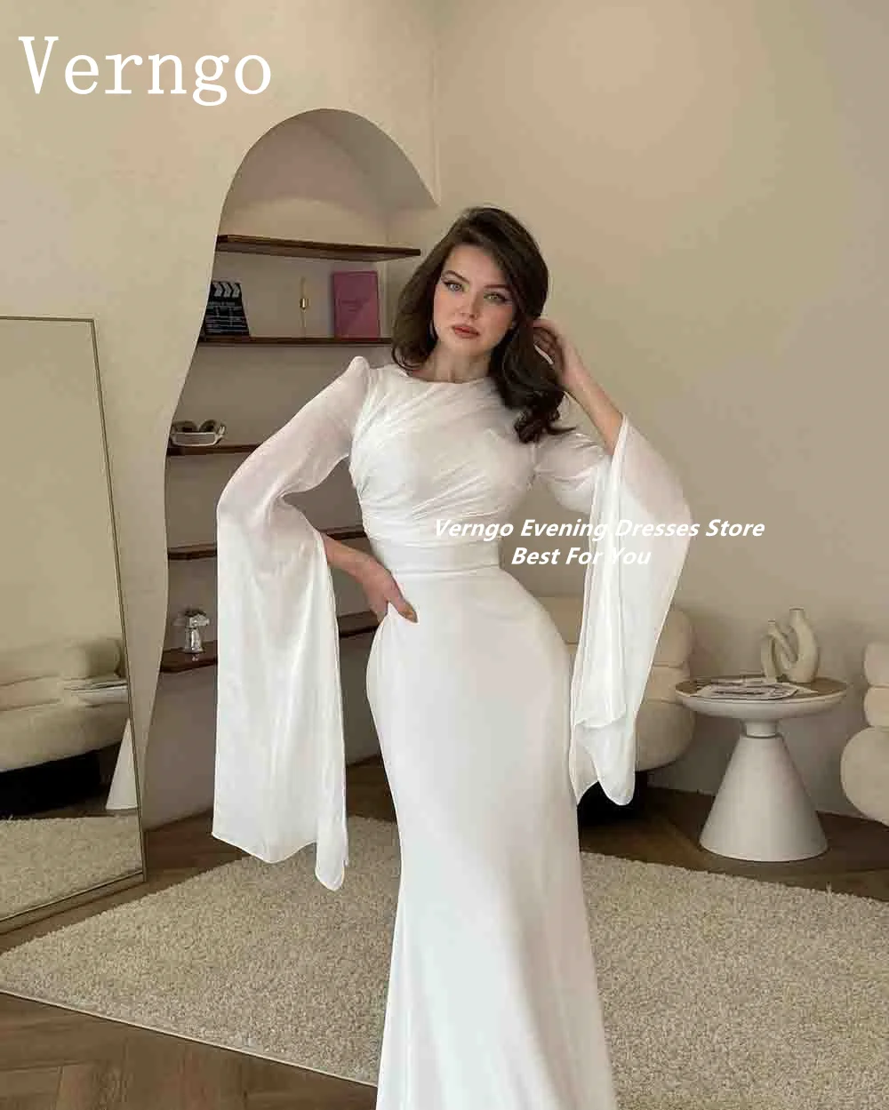 Verngo lvory Chiffon Eveing Dress Full Sleeves Mermaid Prom Gowns For Women Dubai Formal Occasion Dress