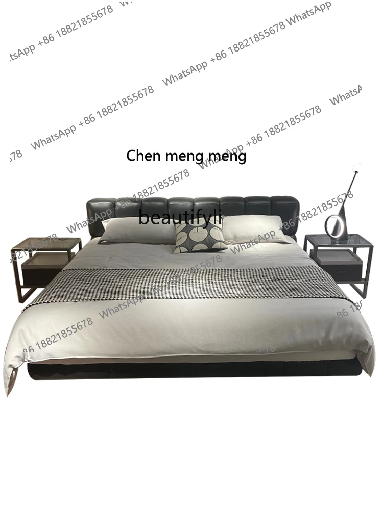 

Genuine leather Italian minimalist high-end stylish double master bedroom 1.8m wedding bed black new classic leather bed