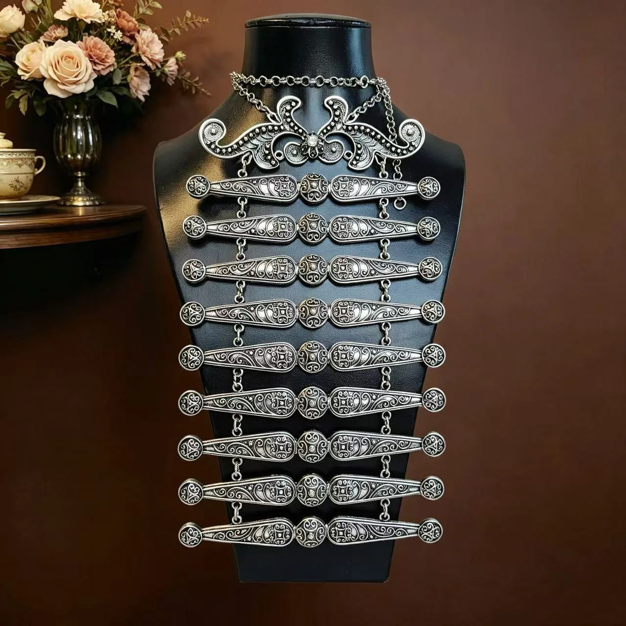 POYASA Vintage Ingush Caucasian Crimean Women's Breastplate Traditional Central Asian Wedding Bride Necklace Embossed Pattern