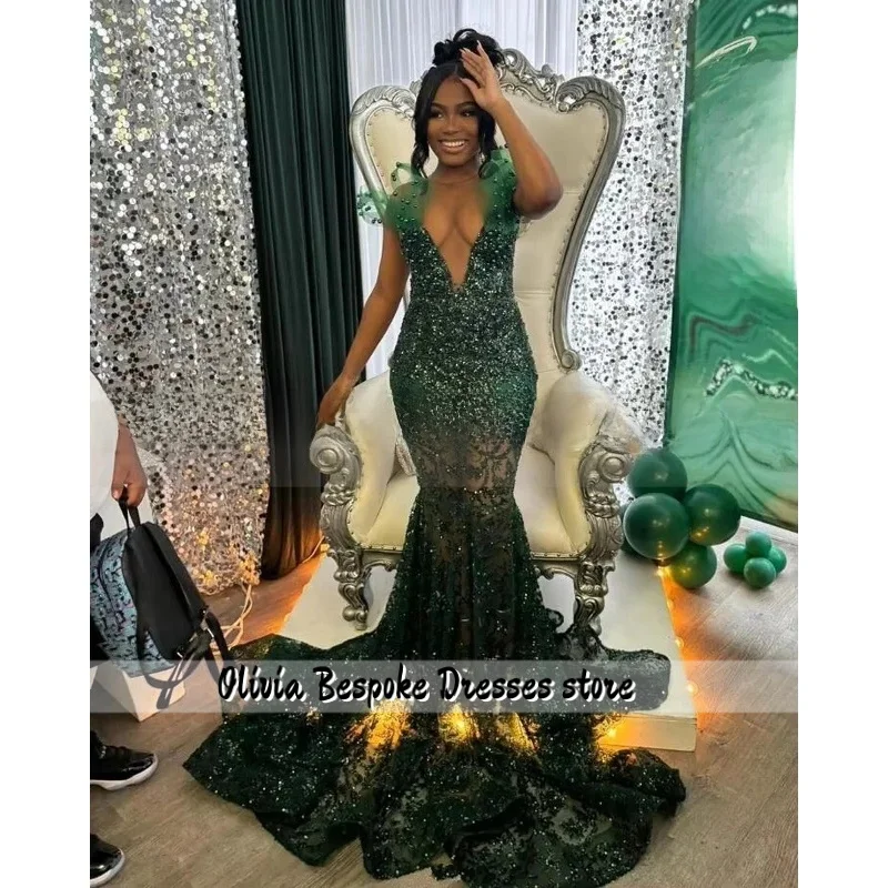 Vestidos de noche largos de sirena de color verde esmeralda para niña negra, apliques brillantes, vestido de recepción de cumpleaños, malla transparente personalizada