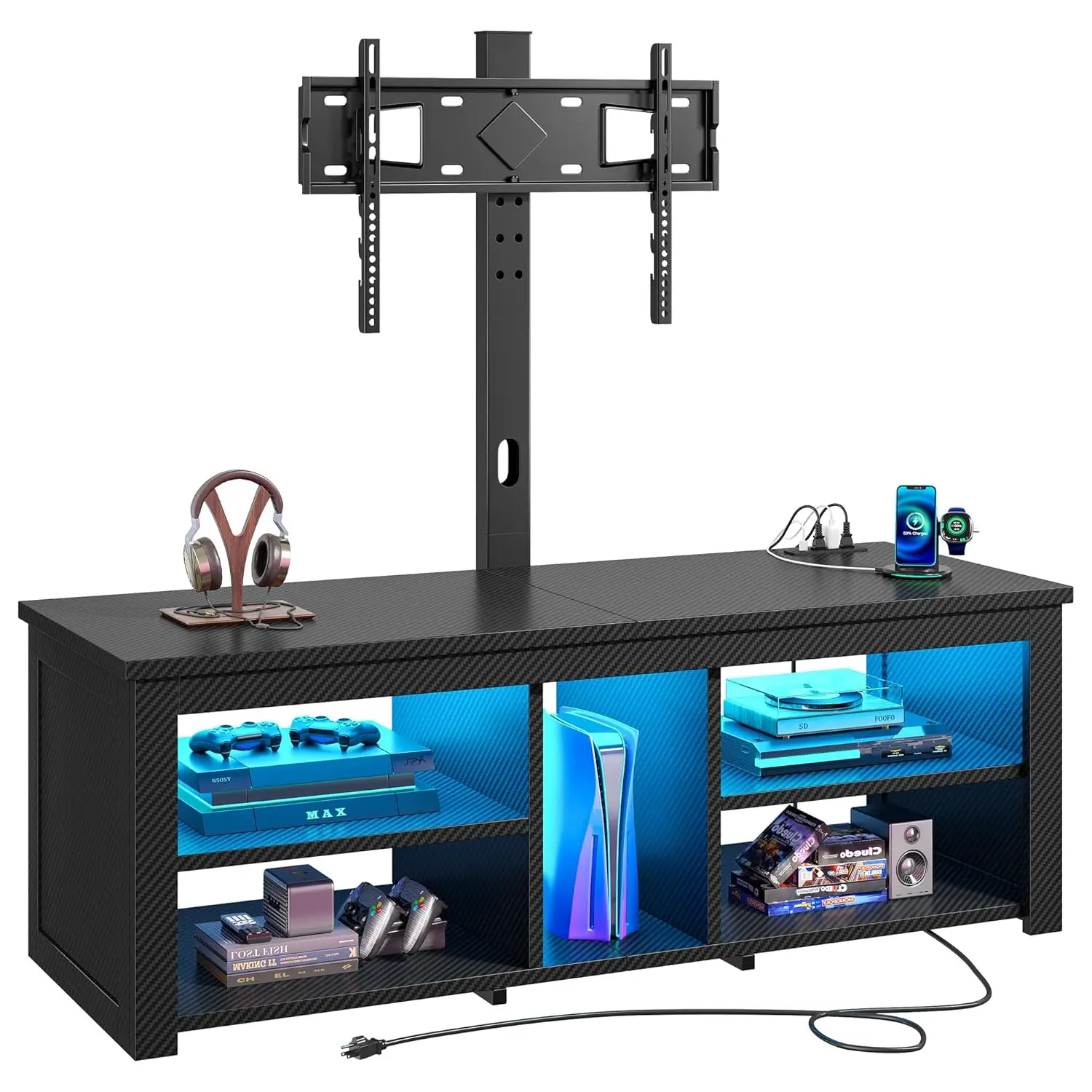 Height Adjustable Swivel TV Stand Mount Wood Console with Power Outlet LED for 55 65 Inch Living Room Bedroom ,