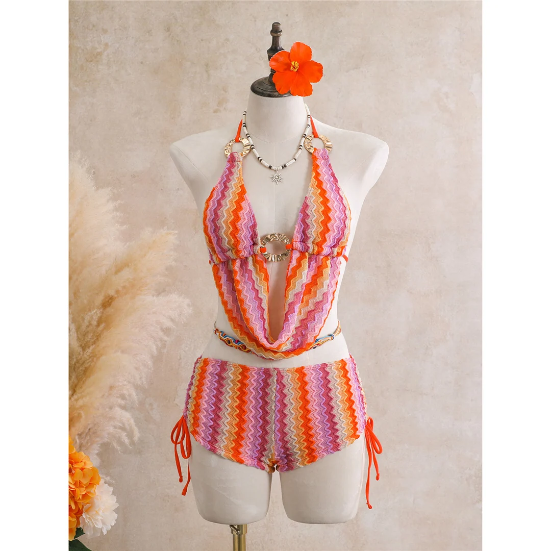 Gestreifter Tankini-Shorts-Bikini, Damen-Badeanzug, zweiteiliges Bikini-Set, gepolsterter Badeanzug, Badebekleidung, Modell V8344. – Detail 5