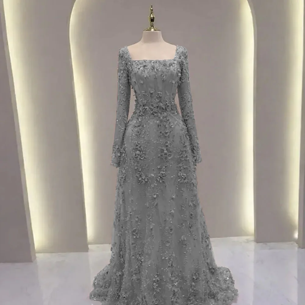 Elegante A-lijn avondjurk met 3D bloemenkant, luxe lange mouwen voor dames, formele gala- of bruiloftsjurk, op maat gemaakt 2026